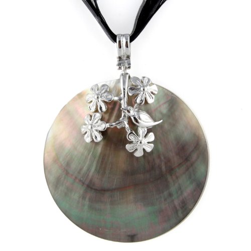 Copper Floral Bird Blossom With Large Round Shell Pendant