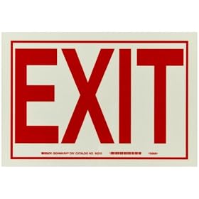 Brady 80215 7" Height, 10" Width, B-324 Polyester, Red On Phosphorescent Color Glow-In-The-Dark Exit And Directional Sign, Legend "Exit"