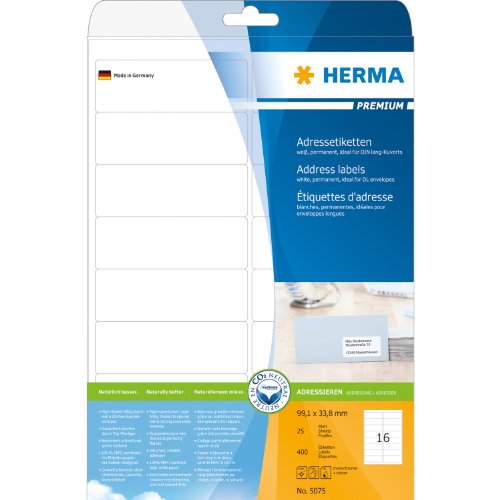 Herma 5075 Adressetiketten Premium A4 99,1x33,8 mm Papier matt 400 St&uuml;ck, wei&szlig; Preisvergleich