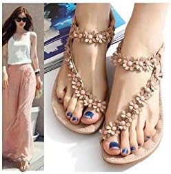 Women Summer Bohemia Floral Flat Shoes Beach Sandals Thong Slippers Flip Flops Color: Beige Size: EUR37/US 6
