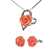 Red Coral Rose Heart Shaped Silver Platinum Overlay CAREFREE Sterling Silver Pendant Necklace and Stud Earrings Set