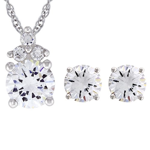 Platinum Plated Sterling Silver Decorative Round Cubic Zirconia Pendant and Stud Earrings Set