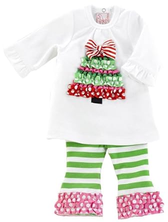 Mud Pie Santa Baby Ruffle Tree Tunic with Green & White Stripe Leggings Set