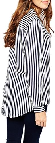Haolicheng Women's Vertical Striped Button Down Long Roll Up Sleeve Blouse Black&amp;White M