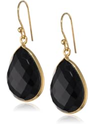 Faceted Black Onyx Pear Shape Bezel with Gold over Silver Ear Wire Drop Earrings