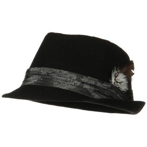 Printed Satin Band and Feather Tweed Fedora Hat - Black W19S39F