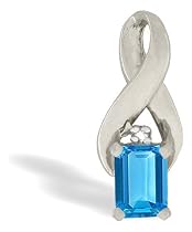 14K White Gold Genuine Emerald-cut Blue Topaz and Diamond Pendant