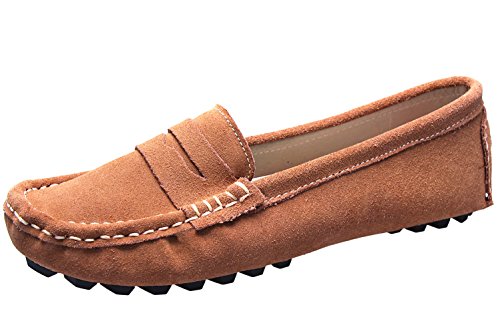 Anlamb Women's Suede Moccasins Dress Boat Shoes Slip On Driving Loafters Flats,AL482 Khaki 7.5/EU40