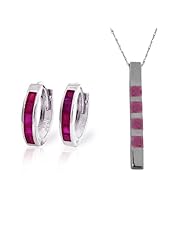 14k White Gold Jewelry Set: Natural Ruby Pendant Necklace and Huggie Hoop Earrings