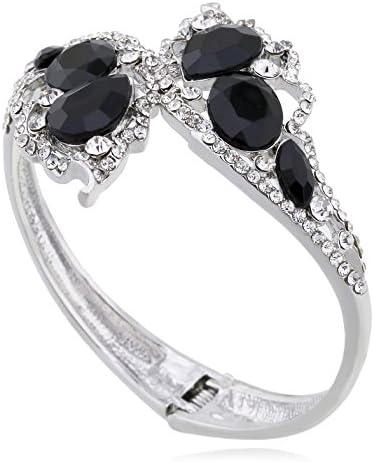 Kaymen Jewelry Full Rhinestone Leaf Oval Crystal Hollow Out Cuff Bangles Bracelets for Women 3 Colors (Black)