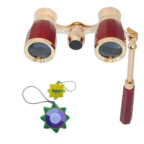 HQRP Antique Elegant Style Opera Glasses Burgundy / Red-pearl with Gold Trim w/ Built-In Extendable Handle plus HQRP UV Meter