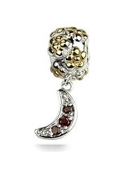 Charm Gift , Sterling Silver and 18k Yellow Gold Accent Flower Dangle Charm and Crescent Moon with Garnet. Fits Pandora and All Barnds Charm Bracelets and Necklaces.