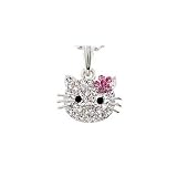 Crystal Rhinestone Pave Small Kitty Head Face Pink Daisy Flower Ribbon Silver Plated Pendant Chain Necklace 16