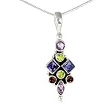2.5 Carat Iolite, Amethyst and Peridot Gemstone Cluster 925 Sterling Silver Designer-created Pendant Necklace on 18 Inch Chain