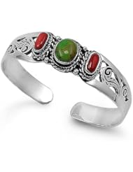 Sterling Silver Coral, Green Turquoise Bangle Bracelet