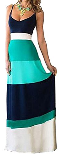 Abetteric Womens Bateau Neckline Elastic Waist Stripe Beach Maxi Dress