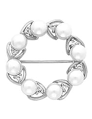 14K White Gold Akoya Cultured White Pearl and Diamond Circle Brooch -- LIFETIME WARRANTY