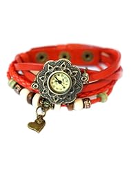 Red Leather Antique Gold Bronze Heart with Wood Beads Bohemian Bracelet wrist watch 7" to 8 1/4"