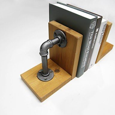 XIAOHM 2PCS 2015 Industrial Pipe Wood &amp; Metal American Country Retro Shelf Bookends Desk Bookshelf FJ-ZN2Y-016A0