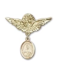 14K Gold Baby Badge with Scapular Charm and Angel with Wings Badge Pin