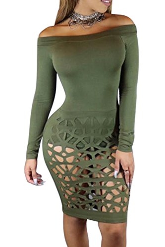 Pretid Women Off Shoulder Burning Hole Hollow Out Flowers Bandage Dress