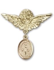Gold Filled Baby Badge with St. Nino de Atocha Charm and Angel with Wings Badge Pin