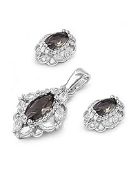 Sterling Silver Elegant Fashion Oval Design Pendant and Earrings Jewelry Set with Smokey Topaz and Clear CZ