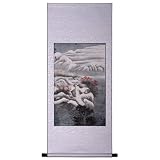 Handmade Asian Wall Art Scroll Painting On Textured White Brocade-Mountain Temple In Cherry Blossoms