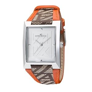 AK Anne Klein Women's 108601SVBO Square Silver-Tone Brown and Orange AKAK Logo Strap Watch