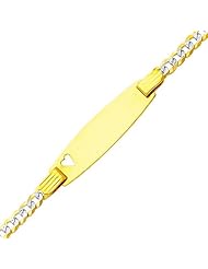14K Yellow Gold White Pave 3.0mm Baby Heart ID Concave Curb Bracelet with Lobster Claw Clasp - 6" Inches