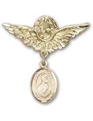 Gold Filled Baby Badge with St. Thomas the Apostle Charm and Angel with Wings Badge Pin