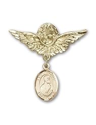 14K Gold Baby Badge with St. Thomas the Apostle Charm and Angel with Wings Badge Pin