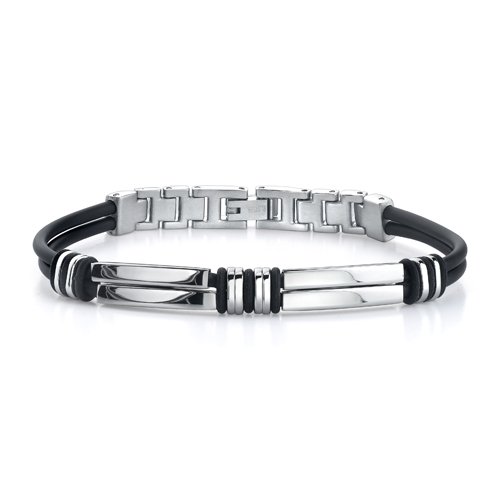 Distinguished fashion: Stainless Steel Bar-link Dual Rubber Cord Bracelet for Men
