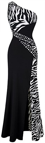 Angel-fashions Women's One Shoulder Zebra Gemstones Splicing Evening Dress
