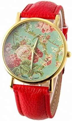 U-beauty Big Rose Pattern Leather Band Ladies Watch (red)