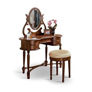 Dirty Oak Walnut Finish Wood Vanity with Bench and Table Set
