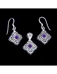 Sterling Silver Amethyst Faceted Gemstone Handmade Earrings Pendant Set Ethnic Jewelry