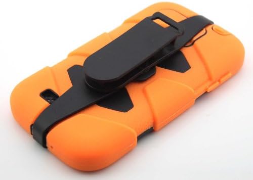 Big Dragonfly High Quality Flexible Dual Layer Protective Shell Hard Plastic + Soft Silicone Cover Case for Samsung Galaxy S4 i9500 with Screen Protector and Removable Belt Clip Eco-friendly Package Black/Orange