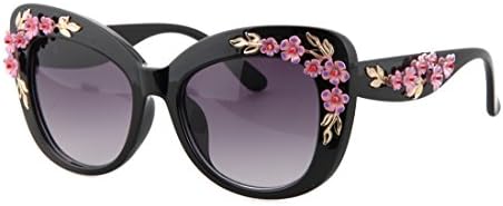 Fandia Women's Vintage Cat Eye Roses Carve Frame Sunglass (Black)