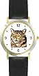 Brown or Tan Tabby Cat - WATCHBUDDY&reg; DELUXE TWO-TONE THEME WATCH - Arabic Numbers - Black Leather Strap-Women's Size-Small
