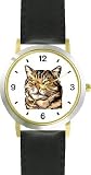 Brown or Tan Tabby Cat - WATCHBUDDY&reg; DELUXE TWO-TONE THEME WATCH - Arabic Numbers - Black Leather Strap-Women's Size-Small