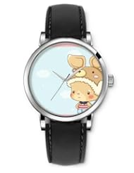 SPRAWL Aanalog Fashion Series Silver Ladies Watches of Genuine Black Leather Strap,Unique Wrist Watch for Women Girls Designed with Cute Bear hat