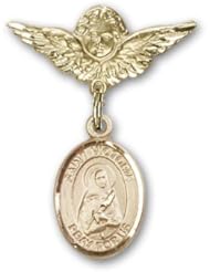 Gold Filled Baby Badge with St. Victoria Charm and Angel with Wings Badge Pin