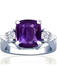 18K White Gold Cushion Cut Purple Sapphire Three Stone Ring