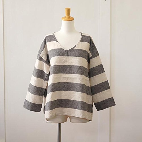 (サンバレー) SUNVALLEY コットンリネン　太ボーダー柄Vネック長袖プルオーバー