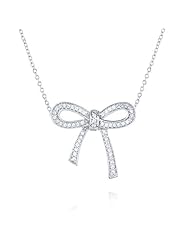 Rhodium Plated 925 Sterling Silver Cubic Zircona Bow Ribbon Necklace