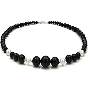 4-16mm Graduated Black Onyx and 8-9mm White Cultured Freshwater Pearl Necklace 18