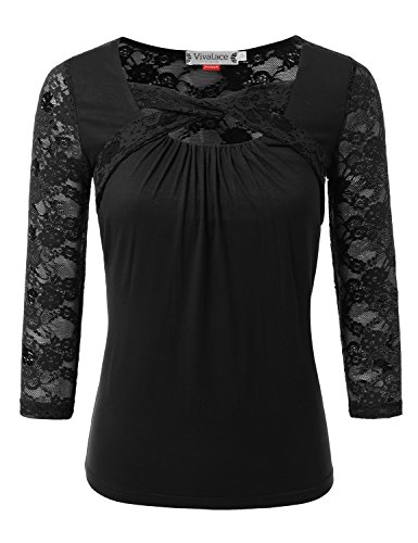 VIVALACE Womens 3/4 Lace Sleeve Twisted Cross Keyhole Knit Top
