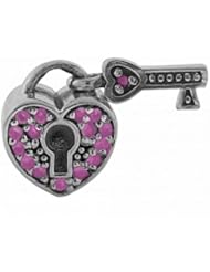 Biagi Sterling Heart Lock and Key with Pink CZ Bead for European Charm Bracelet
