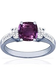 18K White Gold Cushion Cut Purple Sapphire Ring With Sidestones